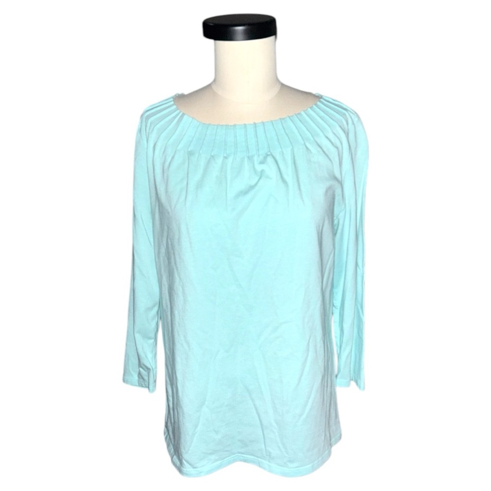 Talbots Aqua Pleated Boat Neck Collar 3/4 Sleeve Top